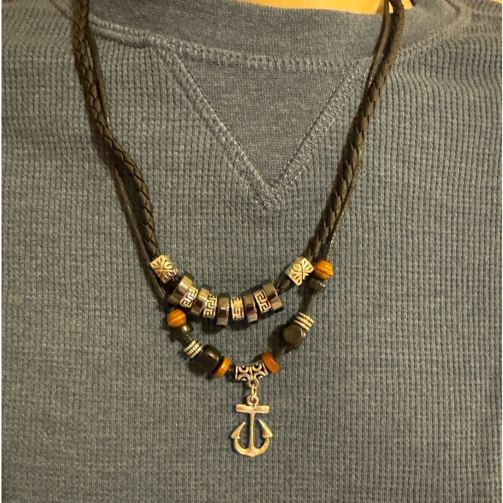 153-PCT New Double Layer Leather  Achor Bohemian Wooden Bead  Adjustable Choker